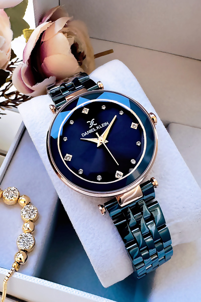 Daniel Klein Original Women's Wristwatch, Cut Glass Waterproof Navy Blue Steel Band - Bracelet Gift Dkby2049C5