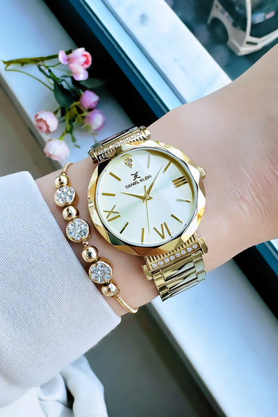 Daniel Klein Original Cutting Glass Women's Wristwatch, Waterproof Gold Color Steel Band - Bracelet Gift Dkby2048C4