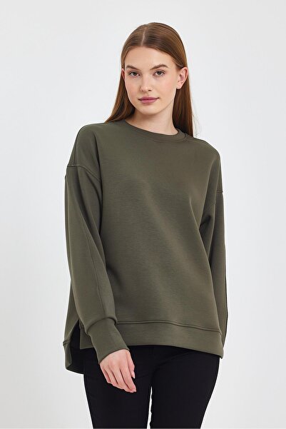 VENA Women's Crew Neck Sweatshirt with Side Slits and Soft Texture (Cupro)-Khaki