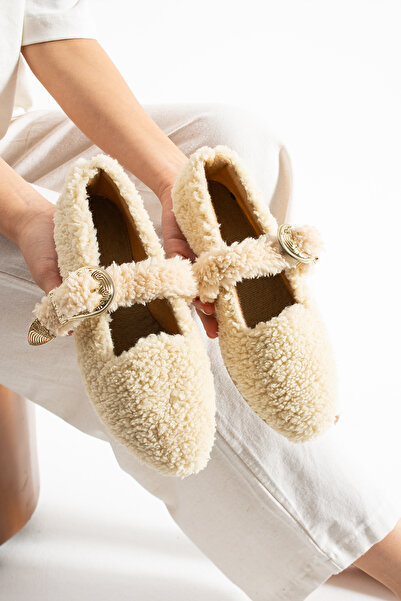 Moda Devrin Pantofi de iarnă pentru femei, din lână bej, cu cataramă, pentru acasă și în aer liber