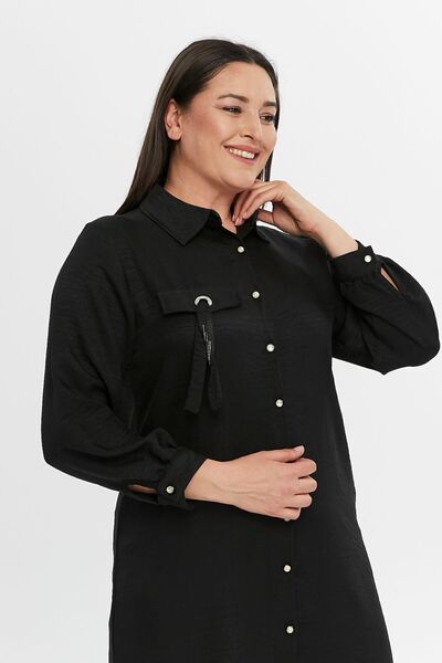 Laden Large Size Women's Cotton Linen Mother's Spring Summer Tunic Black Long Shirt