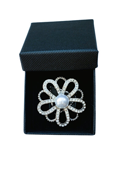 OEM Eșarfă din mătase satinată multicoloră cu imprimeu floral și inel cu perle argintii, 60x60 cm