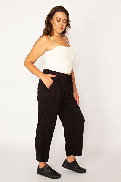 Şans Women's Black Woven Viscose Fabric Trousers with Elastic Waist and Lace Detail and Side Pockets 65n33981