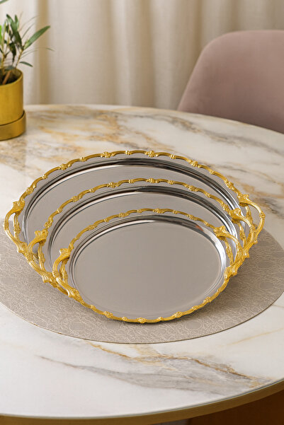 Dania طقم صواني بيضاوية من النيكل والذهب مكون من 3 قطع