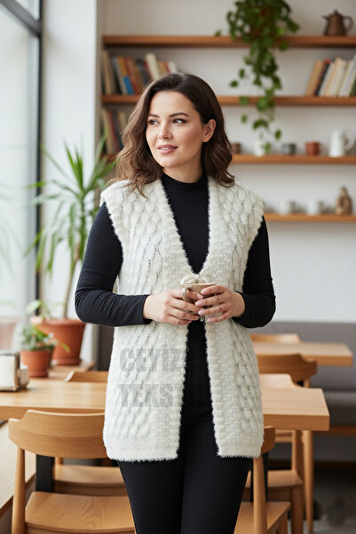 Çt Çeyizci Tekstil Kadın Yeleği Yumoş Örgü Cepki Yelek, Çeyizlik Örgü Yelek - Krem