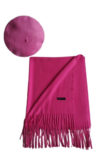 OEM Set șal din cașmir roz-fuchsia cu beretă asortată în stil franțuzesc