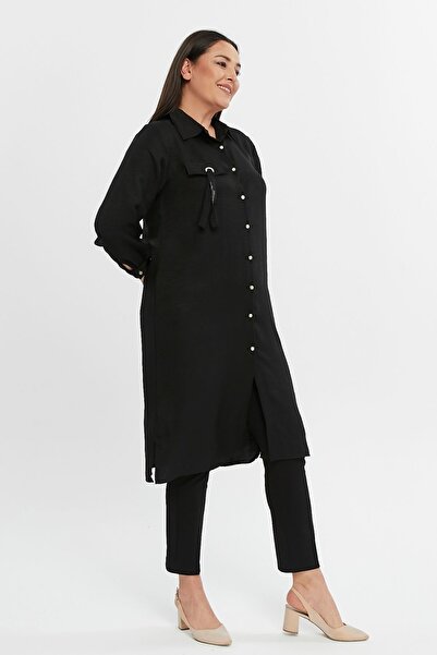 Laden Large Size Women's Cotton Linen Mother's Spring Summer Tunic Black Long Shirt