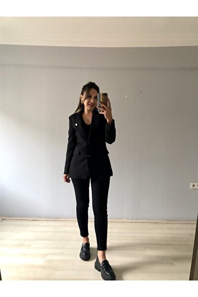 Gözde Tasarım Butik SİYAH RENK BELDEN OYURAN ASTARLI PREMİUM BLAZER CEKET