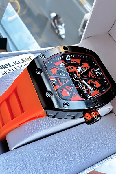 Daniel Klein Otomatik Dikdörtgen Erkek Kol Saati Su Geçirmez Turuncu Silikon Kordon - Hediye Bileklik DKE2145C1