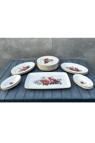 Pinkev 15 Piece Ceramic Breakfast Cake Serving Plate Set for 6 People - Red Floral