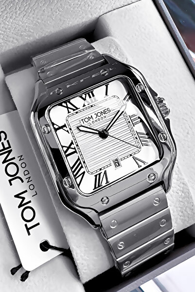 Tom Jones ساعة يد رجالية أصلية ذات علبة مربعة مقاومة للماء وسلك فولاذي فضي ال...