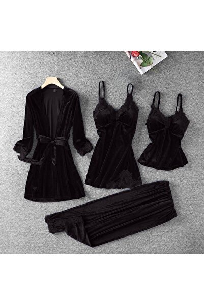 moda4b Kadife Dantelli Dörtlü Gecelik Sabahlık Takımı Siyah 44444