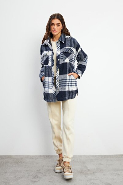 VENA Oversize καρό πουκάμισο μπουφάν-εκρού - Μαύρο