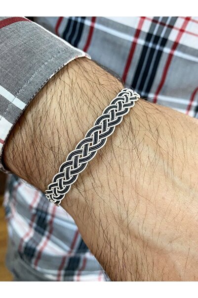KAZZAZE Gümüş Kazaziye Siyah Beyaz Detaylı Unisex Dört Sıralı Örme Bileklik