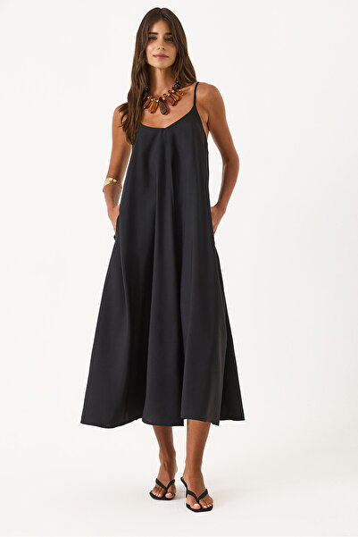 VENA Kadın Askılı Maxi Boy Elbise (CUPRO) - Siyah