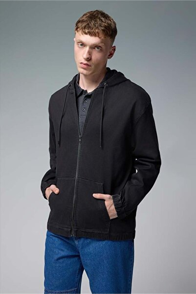 VENA Erkek David Black Kapüşonlu Önü Fermuarlı Jean Ceket - Black