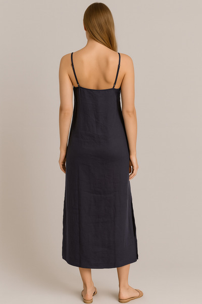 VENA Maxi Length Linen Dress with Rope Straps - Navy Blue