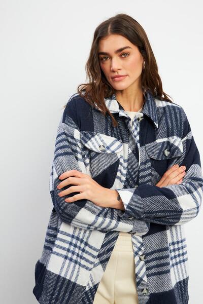 VENA Oversize καρό πουκάμισο μπουφάν-εκρού - Μαύρο