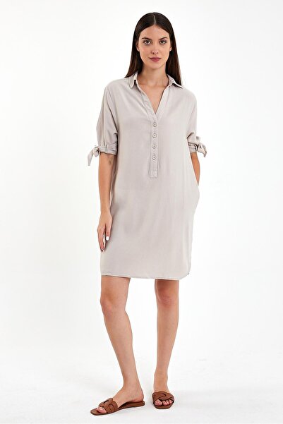 VENA Marissa Önü Düğmeli Kısa Kollu Keten Elbise-Taş
