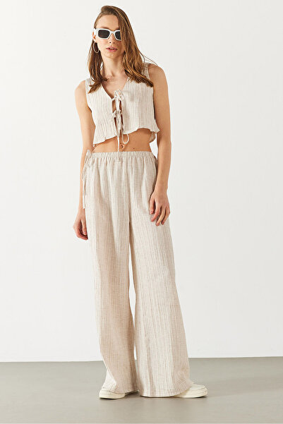 VENA Pantaloni cu talie elastică cu aspect de in - ECRU