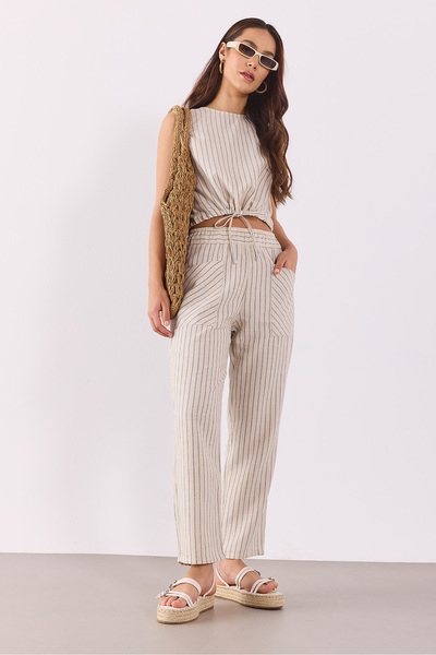 VENA Women's Elastic Waist Striped Baggy Trousers(Tencel)(Tm) - Dark Blue Striped