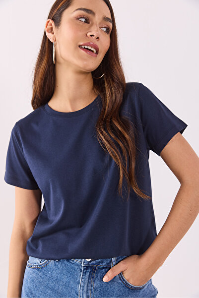 VENA Boyfriend Bisiklet Yaka Regular Fit Modal Tişört(TENCEL)(TM) - LACİVERT