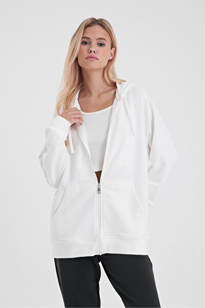 VENA Grace Hooded Zippered Regular Fit Basic Sweatshirt-Ivory