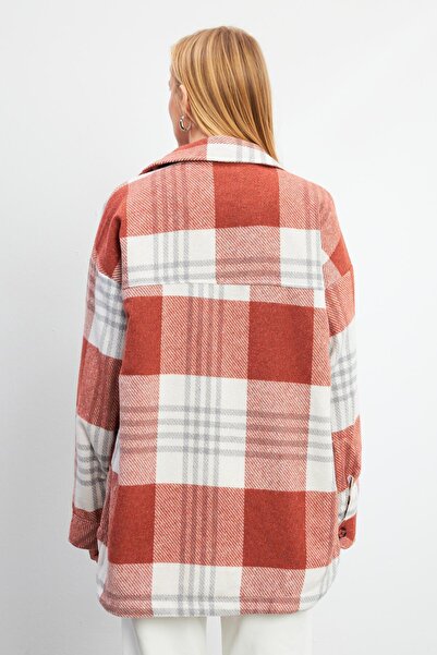 VENA Women's Oversize Red-Black Plaid Shirt Jacket
