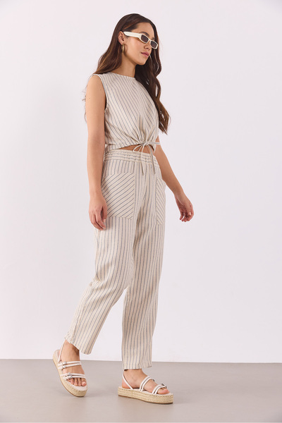 VENA Women's Elastic Waist Striped Baggy Trousers(Tencel)(Tm) - Dark Blue Striped