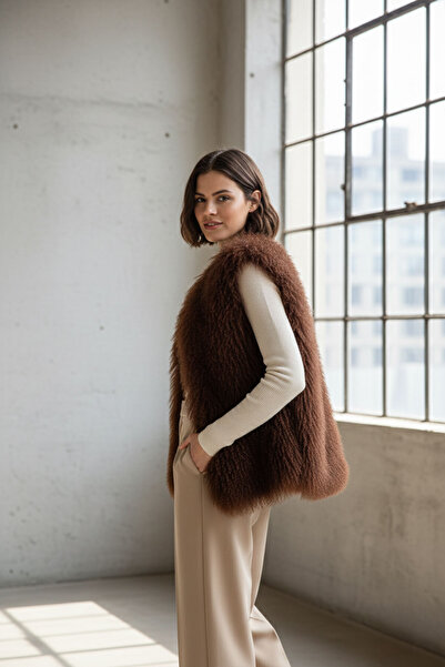 Deriderim Дамска жилетка с пух, в цвят кафе, с свободна кройка, от Nell Tiftik