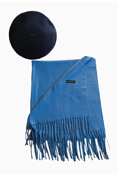 OEM Șal din cașmir albastru deschis cu beretă de lână