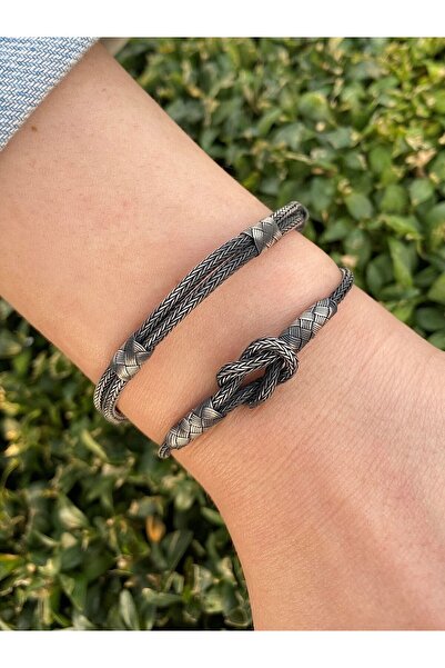 KAZZAZE Gemici Düğümü Oksitli Gümüş Kazaziye Ikili Kombin El Örgüsü Bileklik ...