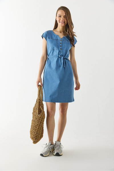 VENA Kadın Riva Sky Blue Önü Düğmeli Regular Fit Jean Elbise - Sky Blue