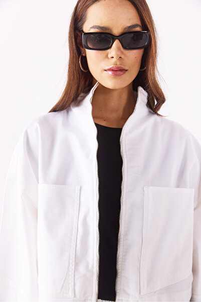 VENA Marla Ραβδωτό Oversize Φαρδύ Κομμένο Τζην Μπουφάν - ΛΕΥΚΟ