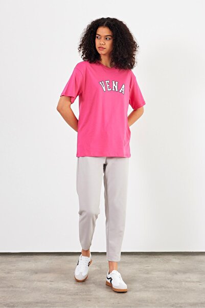 VENA Jeans Printed Crew Neck Regular Fit T-Shirt-Fuchsia