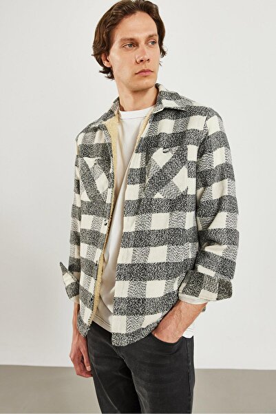 VENA Мъжка риза с подплата от флийс и тартан - черна