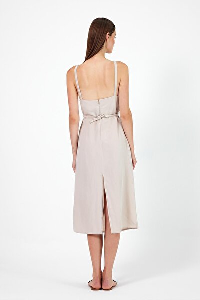 VENA Önden Bağlamalı Keten Elbise-Taş