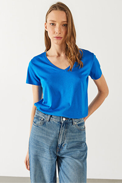 VENA Boyfriend V Yaka Regular Fit Modal Tişört(TENCEL)(TM) - SAFİR