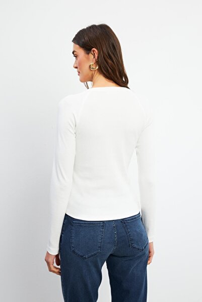 VENA Women's Basic Long Sleeve Placket T-Shirt-Ivory