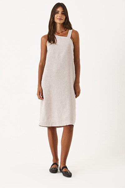 VENA Asymmetric Collar Linen Dress - Stone