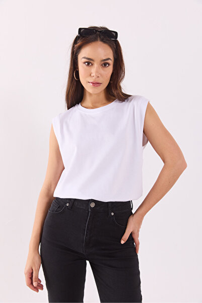 VENA Tricou din bumbac fără mâneci cu decolteu - ALB