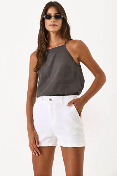 VENA Norah Beli Lastikli Renkli Jean Şort - BEYAZ
