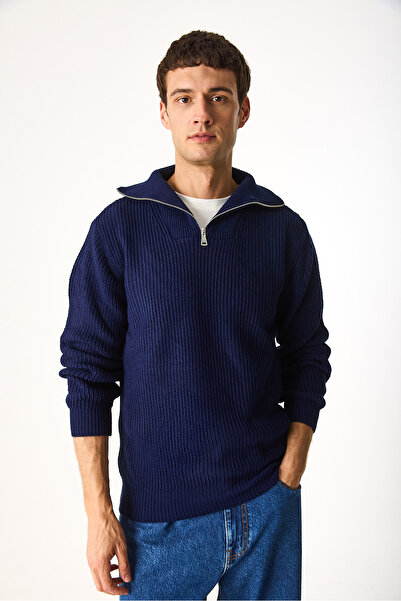 VENA Regular Fit Dik Yaka Yarım Fermuarlı Triko Kazak-Lacivert