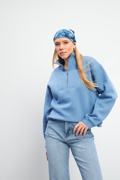 VENA Hanorac din bumbac cu jumătate de fermoar Marina-albastru