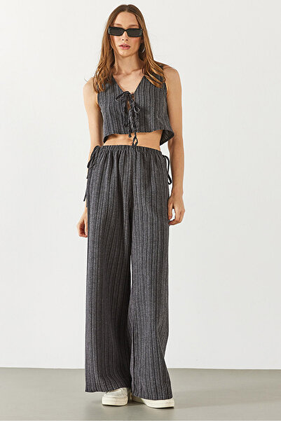 VENA Kadın Keten Görünümlü Beli Lastikli Pantolon - Siyah