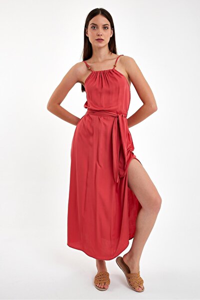 VENA Marmaris Beaded Strap Satin Dress-Tile