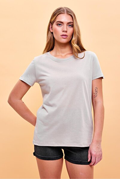 VENA Kadın Boyfriend Gri Bisiklet Yaka Regular Fit Modal Tişört (LYOCELL)