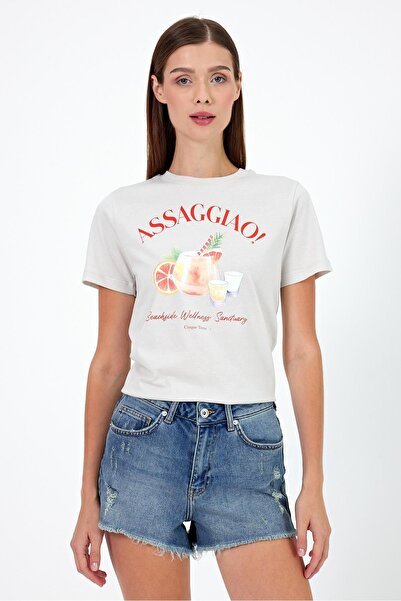 VENA Cocktail Baskılı Bisiklet Yaka Tişört-Taş