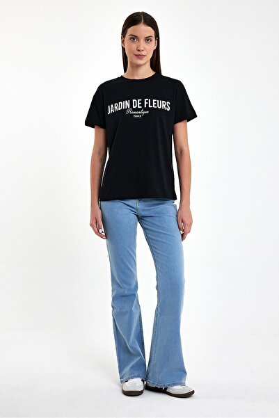 VENA Μπλουζάκι με λαιμόκοψη Jardin με στάμπα-Μαύρο