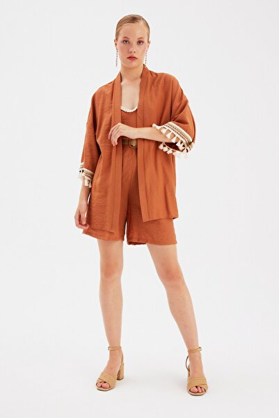 Sateen Kimono casual din in bronz - Detaliat cu maneci